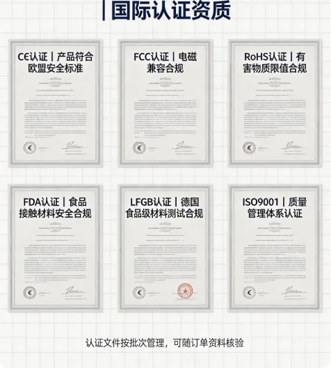 DOZZON 国际认证资质总览:CE 欧盟安全、FCC 电磁兼容、RoHS 有害物质限值、FDA 食品接触材料、LFGB 德国食品级材料、ISO9001 质量管理体系