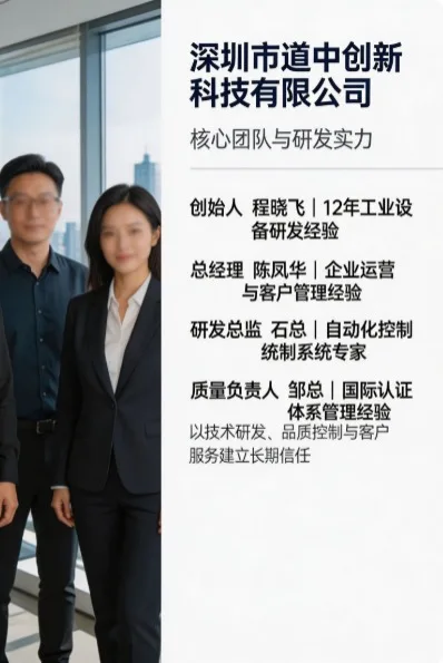 DOZZON 核心团队:创始人程晓飞(12年工业设备研发经验)、总经理陈凤华、研发总监石总(自动化控制系统)、质量负责人邹总(国际认证体系)